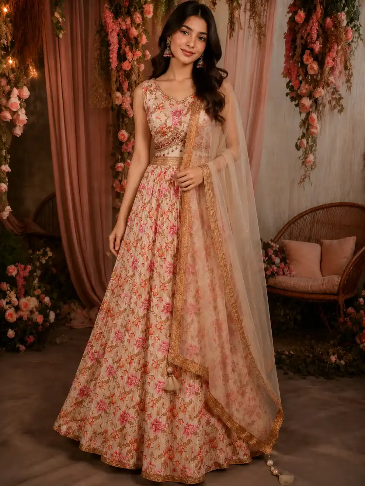 Cream Floral Sequins Embroidered Design Crepe Lehenga with Dupatta